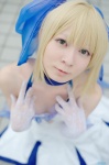 blonde_hair choker cleavage cosplay dress_shirt elbow_gloves fate/series fate/unlimited_codes gloves hairbow maropapi saber saber_lily rating:Safe score:0 user:nil!