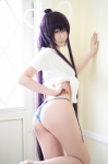 ass bikini cosplay croptop ikkitousen kanu_unchou kibashi ponytail purple_hair side-tie_bikini swimsuit tshirt rating:Safe score:4 user:nil!