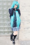 aqua_hair blouse cardigan cosplay glasses hatsune_miku kneesocks nyai pleated_skirt skirt tie twintails vocaloid rating:Safe score:1 user:pixymisa