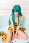 aqua_hair bathroom bathtub bikini_top cleavage cosplay horns kirihara_mizui leggings lum shorts swimsuit tiger_print urusei_yatsura rating:Safe score:0 user:nil!