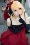 blonde_hair blue_eyes choco cosplay dress elbow_gloves gloves hairband kagamine_rin necklace vocaloid rating:Safe score:2 user:pixymisa