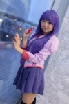 bakemonogatari blouse cosplay mochizuki_miuna pleated_skirt purple_hair school_uniform senjougahara_hitagi skirt thighhighs tie zettai_ryouiki rating:Safe score:0 user:pixymisa
