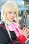 blazer blonde_hair blouse bowtie cosplay futaki_kanata gun hair_ribbon little_busters! yuu_(ii) rating:Safe score:0 user:pixymisa