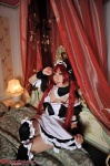 airi apron bed cleavage cosplay dress hairband happa_kyoukan_to_pantsu_meido maid maid_uniform queen's_blade red_hair saku thighhighs twintails zettai_ryouiki rating:Safe score:0 user:nil!