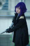 bodysuit coat cosplay fingerless_gloves ghost_in_the_shell gloves gun kusanagi_motoko makiron purple_hair rating:Safe score:0 user:nil!