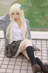 blonde_hair blouse boku_wa_tomodachi_ga_sukunai cardigan cleavage cosplay kashiwazaki_sena kneesocks miiko pantyhose pleated_skirt school_uniform skirt rating:Safe score:9 user:nil!