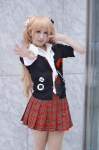 blonde_hair blouse cardigan cosplay danganronpa enoshima_junko pantyhose pleated_skirt rissu school_uniform sheer_legwear skirt tie twintails rating:Safe score:0 user:nil!