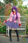 bakemonogatari blouse cosplay pleated_skirt purple_hair school_uniform senjougahara_hitagi skirt skirt_lift thighhighs tie yuzunyan zettai_ryouiki rating:Safe score:2 user:nil!