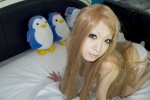 arai_yomi bed blonde_hair bra cosplay mawaru_penguindrum panties seizon_senryaku! side-tie_panties stuffed_animal takakura_himari rating:Safe score:0 user:nil!