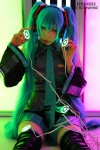 aqua_hair blouse chihane cosplay detached_sleeves hatsune_miku headset pleated_skirt skirt thighhighs twintails vocaloid zettai_ryouiki rating:Safe score:1 user:nil!