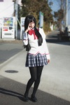 akemi_homura blouse cosplay glasses hairband neko pantyhose pleated_skirt puella_magi_madoka_magica school_uniform skirt rating:Safe score:5 user:nil!