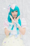 akb48 aqua_hair blue_eyes bow cosplay cuffs dress hairbow kojima_haruna_(cosplay) sayo_(ii) sugar_rush_(akb48) rating:Safe score:0 user:pixymisa