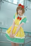 apron bowtie cosplay dress hagiwara_yukiho hairbow idolmaster pantyhose pink_eyes shaa sheer_legwear rating:Safe score:0 user:pixymisa