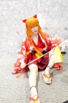 bows cosplay croptop hairbow hair_ribbons katana mitsuki_(ii) orange_hair original pleated_skirt sandals skirt sword twin_braids yukata rating:Safe score:0 user:pixymisa
