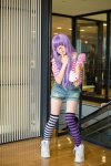 blouse cosplay dr._slump glasses looking_over_glasses norimaki_arale overalls purple_hair seika striped thighhighs rating:Safe score:0 user:nil!