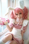 animal_ears apron bunny_ears cosplay dress inu_boku_secret_service kneesocks kurosaki_shihomu maid maid_uniform pink_hair roromiya_karuta twintails rating:Safe score:1 user:nil!