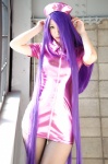 black_legwear cosplay dress ikkitousen kanu_unchou kibashi nurse nurse_cap nurse_uniform pantyhose purple_hair rating:Safe score:3 user:nil!
