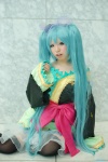 aqua_hair blue_eyes bow cosplay dress hatsune_miku mizusa thighhighs tiered_skirt twintails vocaloid zettai_ryouiki rating:Safe score:0 user:pixymisa