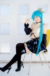 aqua_hair black_legwear cosplay croptop detached_sleeves hairbow hatsune_miku mashiro_yuki pleated_skirt ponytail project_diva skirt thighhighs vocaloid zettai_ryouiki rating:Safe score:0 user:nil!