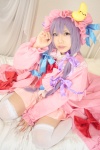 amatsuka_miyu bed blouse cosplay night_cap open_clothes patchouli_knowledge pleated_skirt purple_hair robe skirt thighhighs touhou zettai_ryouiki rating:Safe score:1 user:nil!