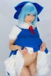blouse blue_hair bottomless cirno cosplay dress_lift hairbow jumper lenfried socks touhou rating:Questionable score:5 user:nil!
