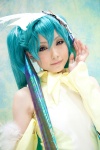 aqua_hair cosplay detached_sleeves dress hatsune_miku headdress jiruko twintails vocaloid rating:Safe score:0 user:pixymisa