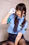 black_legwear blouse chiyoko_5 chocoball costume glasses gloves miniskirt pantyhose police_uniform policewoman skirt tie twin_braids rating:Safe score:1 user:nil!