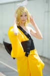 blonde_hair cosplay gekokujou_(vocaloid) hairbow headset kagamine_rin kimono miyu_(iii) open_clothes sarashi vocaloid rating:Safe score:0 user:nil!