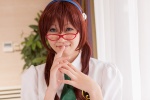 blouse blue_eyes cosplay glasses hairband ina_makoto looking_above_glasses makinami_mari_illustrious neon_genesis_evangelion rebuild_of_evangelion red_hair tie twintails rating:Safe score:0 user:pixymisa