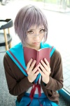 book cardigan cosplay glasses looking_over_glasses nagato_yuki purple_hair sailor_uniform school_uniform suzumiya_haruhi_no_yuuutsu tamaki_shuri rating:Safe score:0 user:nil!