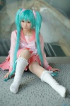 aqua_hair cosplay dress hatsune_miku kneehighs pantyhose saori twintails vocaloid rating:Safe score:2 user:nil!