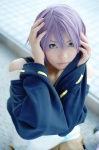 cosplay kaieda_kae pleated_skirt purple_hair rosario+vampire shirayuki_mizore skirt striped sweater tank_top thighhighs rating:Safe score:2 user:nil!