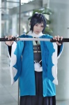 blue_hair cosplay crossplay hakama katana kimono mikazuki_munechika scarf sword touken_ranbu touru rating:Safe score:0 user:nil!