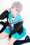 cosplay ibara kneesocks nagato_yuki pleated_skirt purple_hair school_uniform skirt suzumiya_haruhi_no_yuuutsu sweater rating:Safe score:3 user:pixymisa