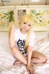 anzu_mayday ayumi_(iii) bed blonde_hair cosplay futaba_anzu idolmaster shorts tshirt twintails rating:Safe score:1 user:nil!