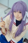 clannad cosplay fujibayashi_kyou hair_ribbons pleated_skirt purple_hair sailor_uniform saya school_uniform skirt thighhighs rating:Safe score:0 user:nil!