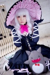 bowtie cosplay dress elbow_gloves gloves melty okoge petticoat plushie shining_hearts thighhighs white_hair witch_hat rating:Safe score:0 user:pixymisa