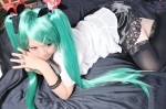 aqua_hair bed blouse cosplay hairbows hatsune_miku miniskirt noa skirt thighhighs twintails vocaloid world_is_mine_(vocaloid) zettai_ryouiki rating:Safe score:1 user:nil!