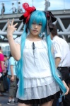 aqua_eyes aqua_hair cosplay dress hairbows hatsune_miku iori necklace tiered_skirt twintails vocaloid wristband rating:Safe score:0 user:pixymisa