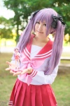 cosplay hair_ribbons hiiragi_kagami hoshino_kana lucky_star pleated_skirt purple_hair sailor_uniform school_uniform skirt twintails rating:Safe score:0 user:nil!