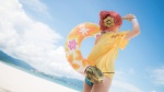 beach bikini cosplay fate/grand_order fate/series frankenstein's_monster_(fate) horn jacket miu_(iii) ocean pink_hair side-tie_bikini swimsuit twin_buns rating:Safe score:0 user:nil!