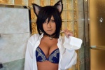 animal_ears bathroom bikini_top black_cat_party cat_ears cleavage collar cosplay dress_shirt non open_clothes original swimsuit rating:Safe score:0 user:nil!