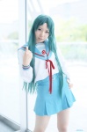 cosplay green_hair pantyhose pleated_skirt sailor_uniform satsuki_ui school_uniform sheer_legwear skirt suzumiya_haruhi_no_yuuutsu tsuruya rating:Safe score:0 user:nil!