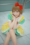 apron bowtie cosplay dress hagiwara_yukiho hairbow idolmaster pantyhose pink_eyes shaa sheer_legwear rating:Safe score:0 user:pixymisa