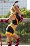 blonde_hair collar cosplay croptop detached_sleeves head_wings kagamine_len michiko pitchfork pretty_panties_akuma_rin_(vocaloid) shorts spikes striped tail thighhighs vocaloid rating:Safe score:1 user:pixymisa