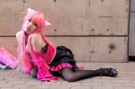 animal_ears cat_ears collar cosplay detached_sleeves dress garter_straps leash megurine_luka otonose_runa pink_eyes pink_hair tail thighhighs vocaloid rating:Safe score:1 user:pixymisa