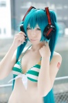 aqua_hair bikini_top cleavage cosplay haruka hatsune_miku headset project_diva striped swimsuit twintails vocaloid rating:Safe score:3 user:nil!