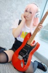 black_legwear cosplay guitar harumiya_yun headphones jumper nitro_super_sonic pantyhose pink_hair sheer_legwear super_soniko thighhighs tshirt zettai_ryouiki rating:Safe score:1 user:nil!