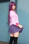 asakura_hina bakemonogatari black_legwear blouse cosplay pantyhose pleated_skirt purple_hair senjougahara_hitagi sheer_legwear skirt skirt_lift thighhighs tie zettai_ryouiki rating:Safe score:0 user:pixymisa