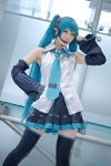 aqua_hair blouse cosplay detached_sleeves hatsune_miku headset pleated_skirt rinami skirt thighhighs tie twintails vocaloid zettai_ryouiki rating:Safe score:3 user:pixymisa